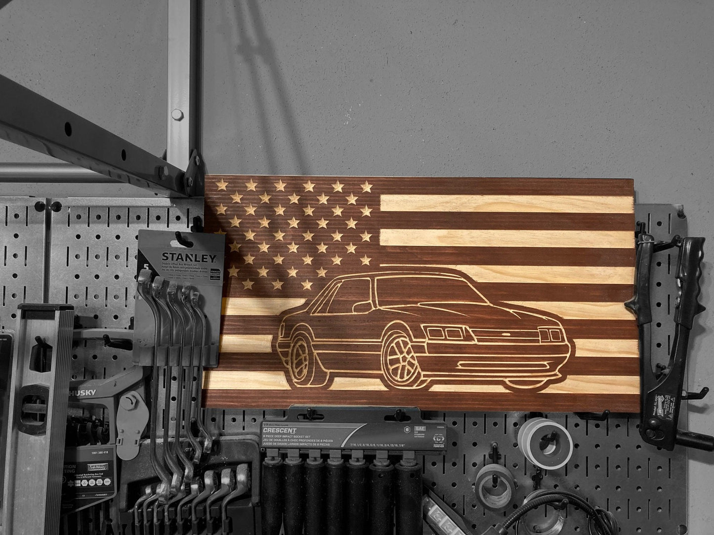 1987-1993 Ford Mustang COUPE Fox Body American Flag Garage Decor Sign | 87 88 89 90 91 92 93 Mustang Carved Out of Wood