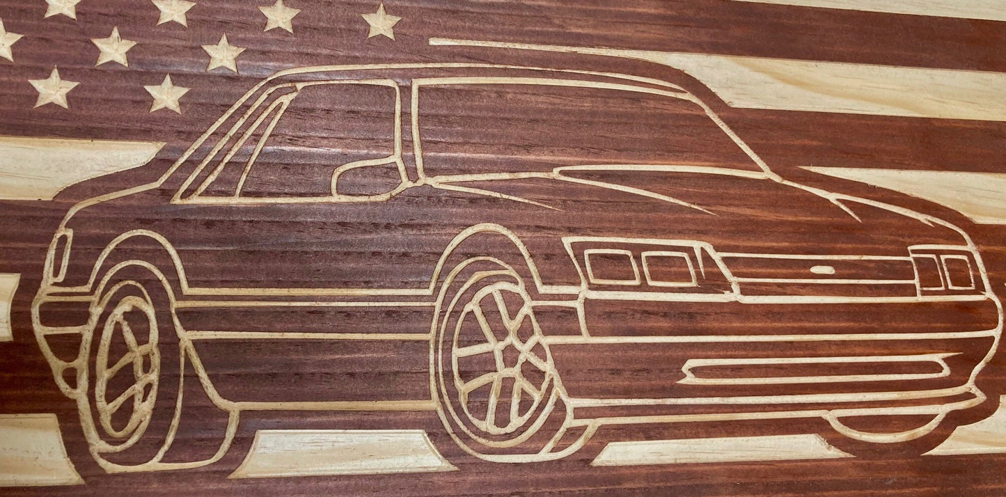 1987-1993 Ford Mustang COUPE Fox Body American Flag Garage Decor Sign | 87 88 89 90 91 92 93 Mustang Carved Out of Wood