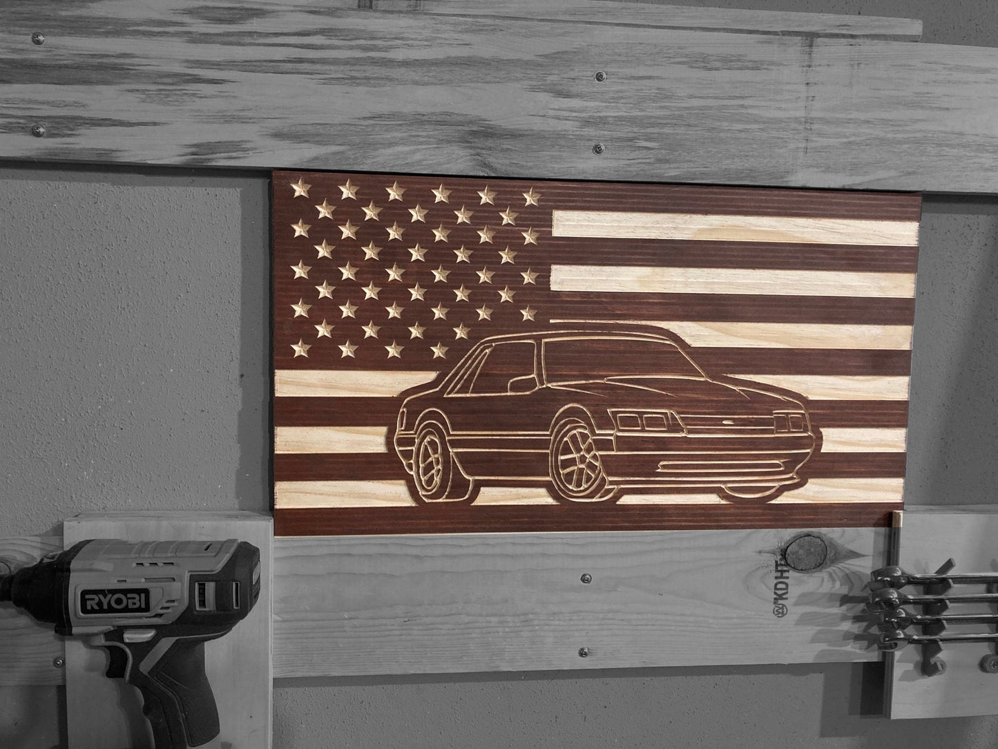 1987-1993 Ford Mustang COUPE Fox Body American Flag Garage Decor Sign | 87 88 89 90 91 92 93 Mustang Carved Out of Wood