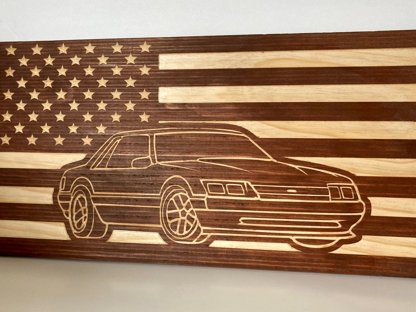 1987-1993 Ford Mustang COUPE Fox Body American Flag Garage Decor Sign | 87 88 89 90 91 92 93 Mustang Carved Out of Wood