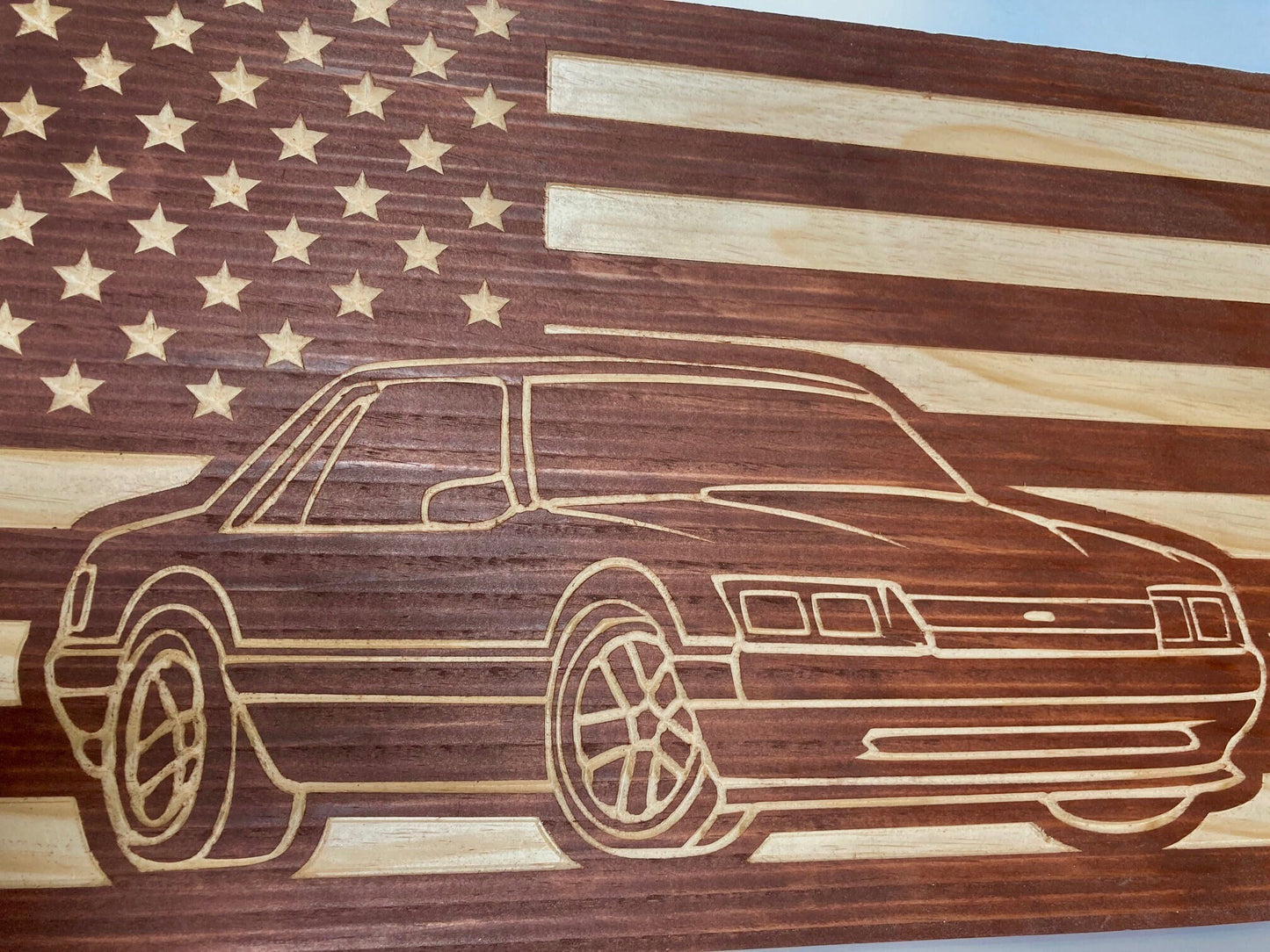 1987-1993 Ford Mustang COUPE Fox Body American Flag Garage Decor Sign | 87 88 89 90 91 92 93 Mustang Carved Out of Wood
