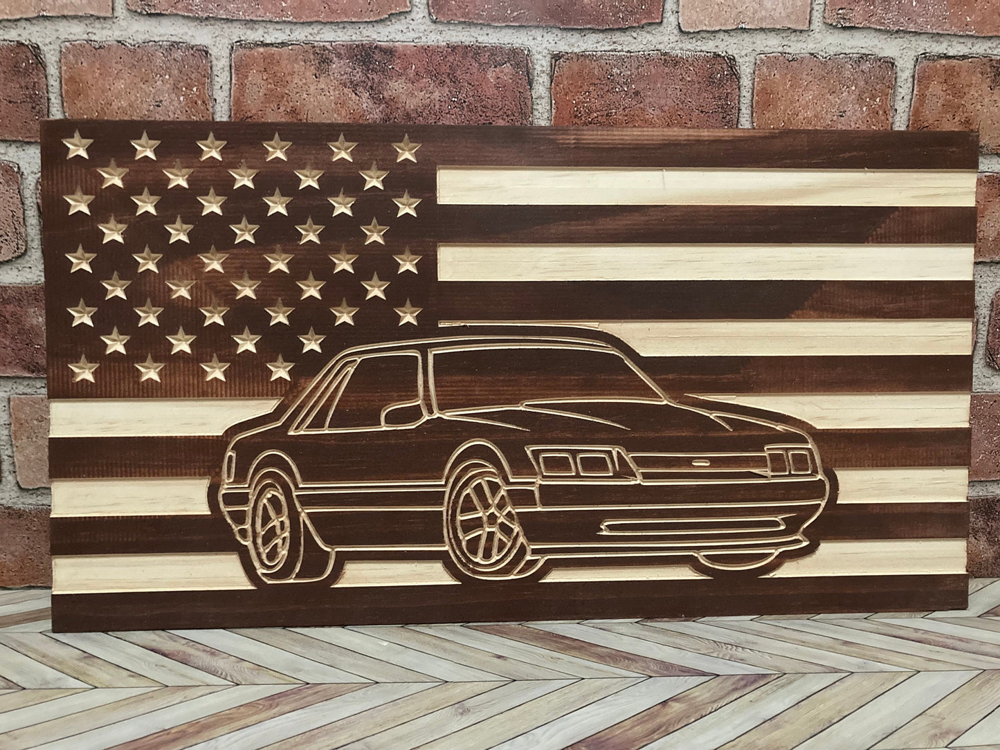 1987-1993 Ford Mustang COUPE Fox Body American Flag Garage Decor Sign | 87 88 89 90 91 92 93 Mustang Carved Out of Wood