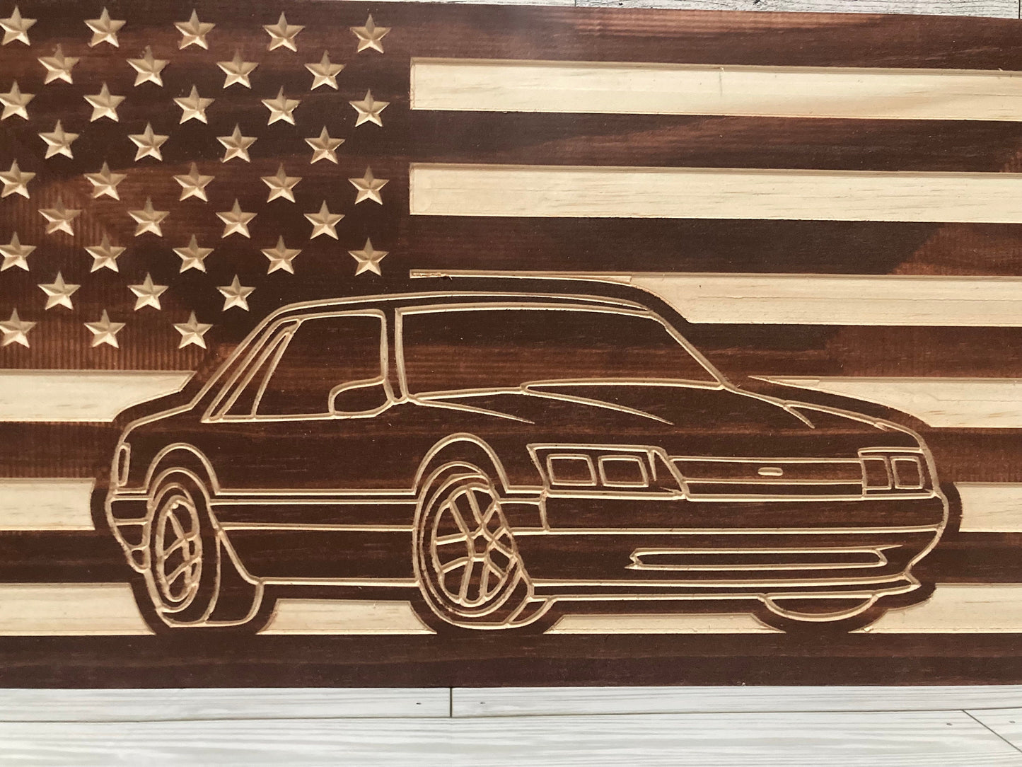 1987-1993 Ford Mustang COUPE Fox Body American Flag Garage Decor Sign | 87 88 89 90 91 92 93 Mustang Carved Out of Wood