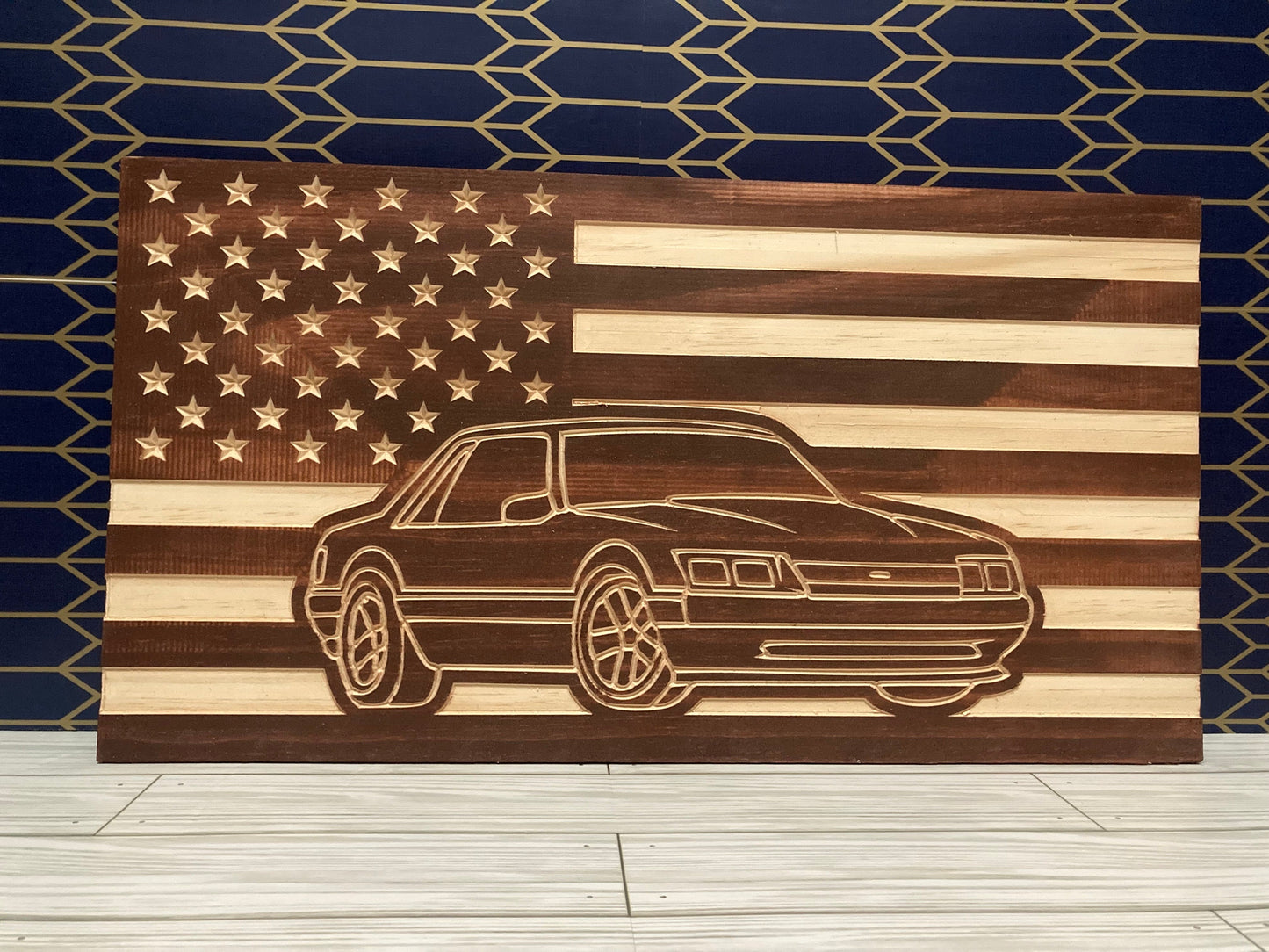 1987-1993 Ford Mustang COUPE Fox Body American Flag Garage Decor Sign | 87 88 89 90 91 92 93 Mustang Carved Out of Wood