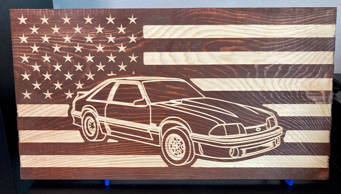 1987-1993 Ford Mustang Fox Body American Flag Hatchback Garage Decor Sign | 87 88 89 90 91 92 93 Mustang Carved Out of Wood
