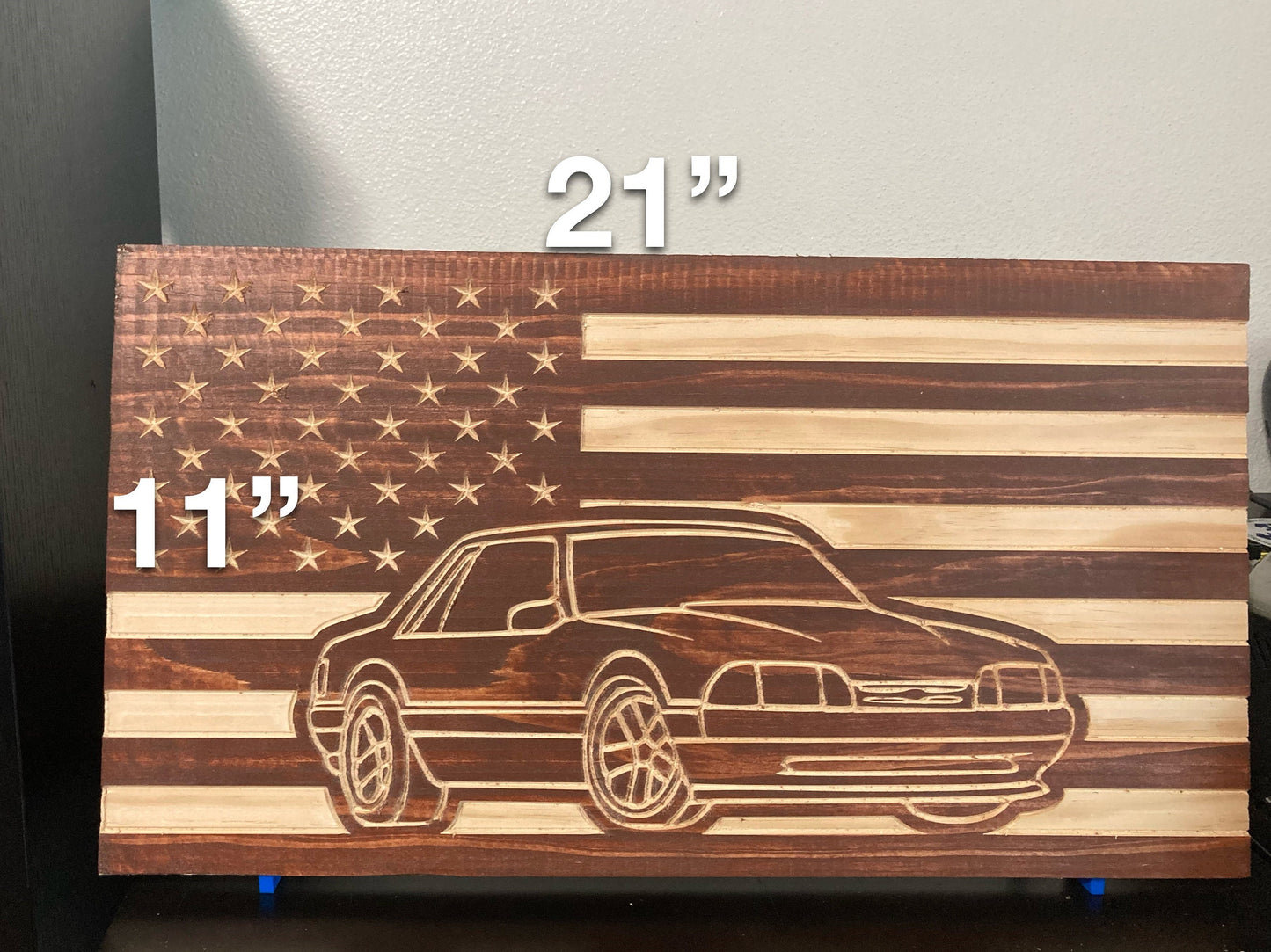 1987-1993 Ford Mustang COUPE Fox Body American Flag Garage Decor Sign | 87 88 89 90 91 92 93 Mustang Carved Out of Wood