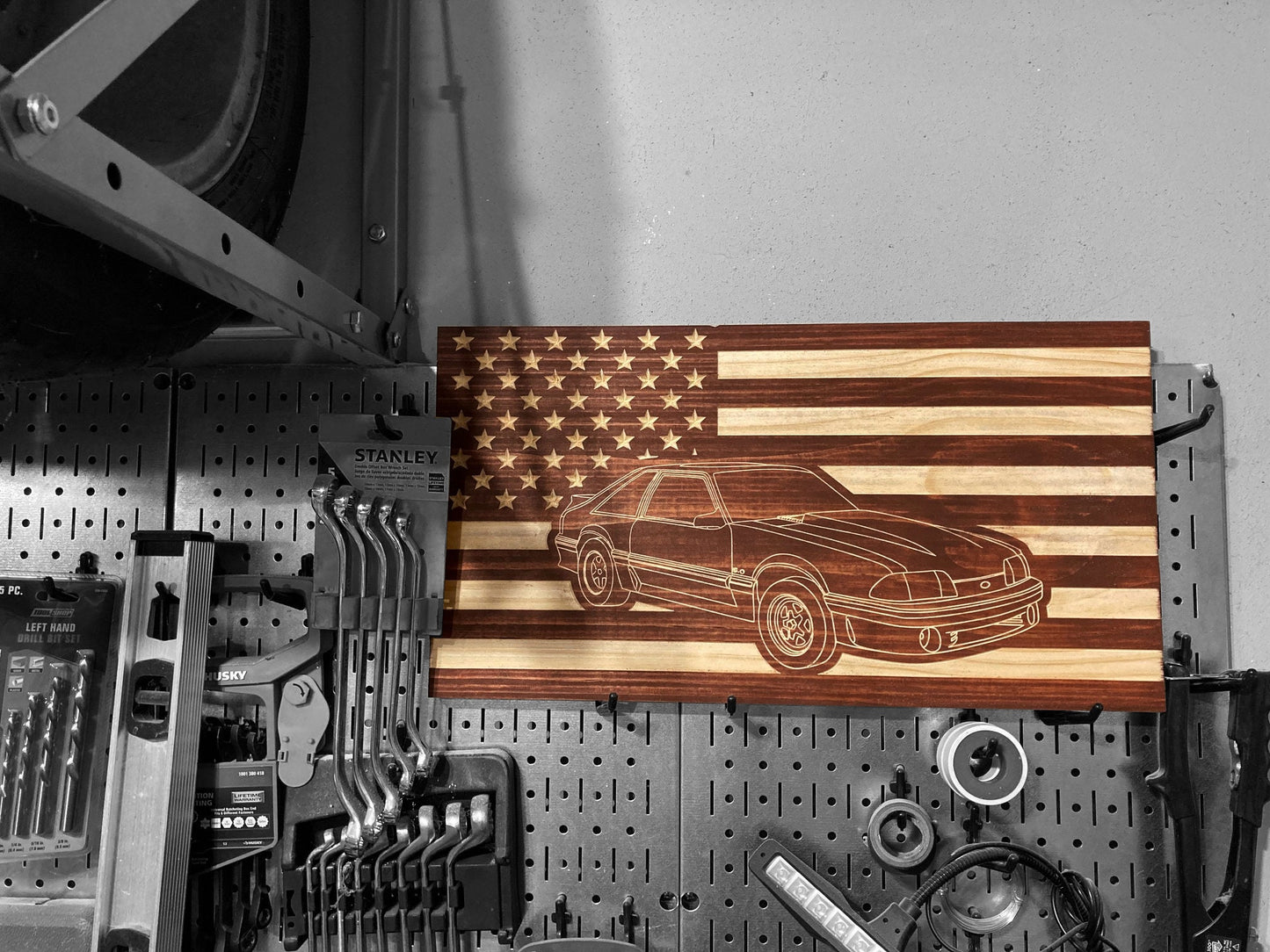 1987-1993 Ford Mustang Fox Body American Flag Hatchback Garage Decor Sign | 87 88 89 90 91 92 93 Mustang Carved Out of Wood
