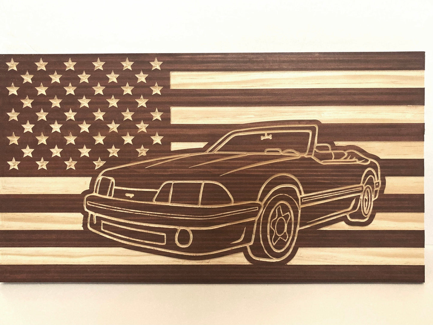 1987-1993 Ford Mustang CONVERTIBLE Fox Body American Flag Garage Decor Sign | 87 88 89 90 91 92 93 Mustang Carved Out of Wood
