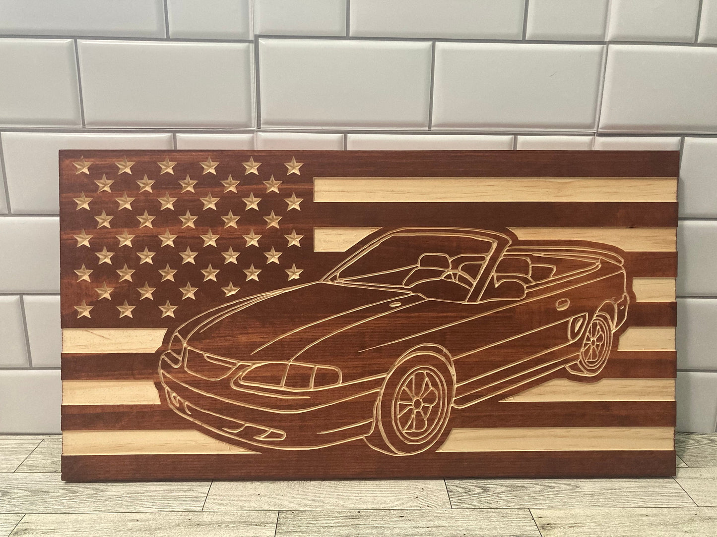 1994-1998 Ford Mustang CONVERTIBLE American Flag Garage Decor Sign | 94 95 96 97 98 SN95 Mustang Carved Out of Wood