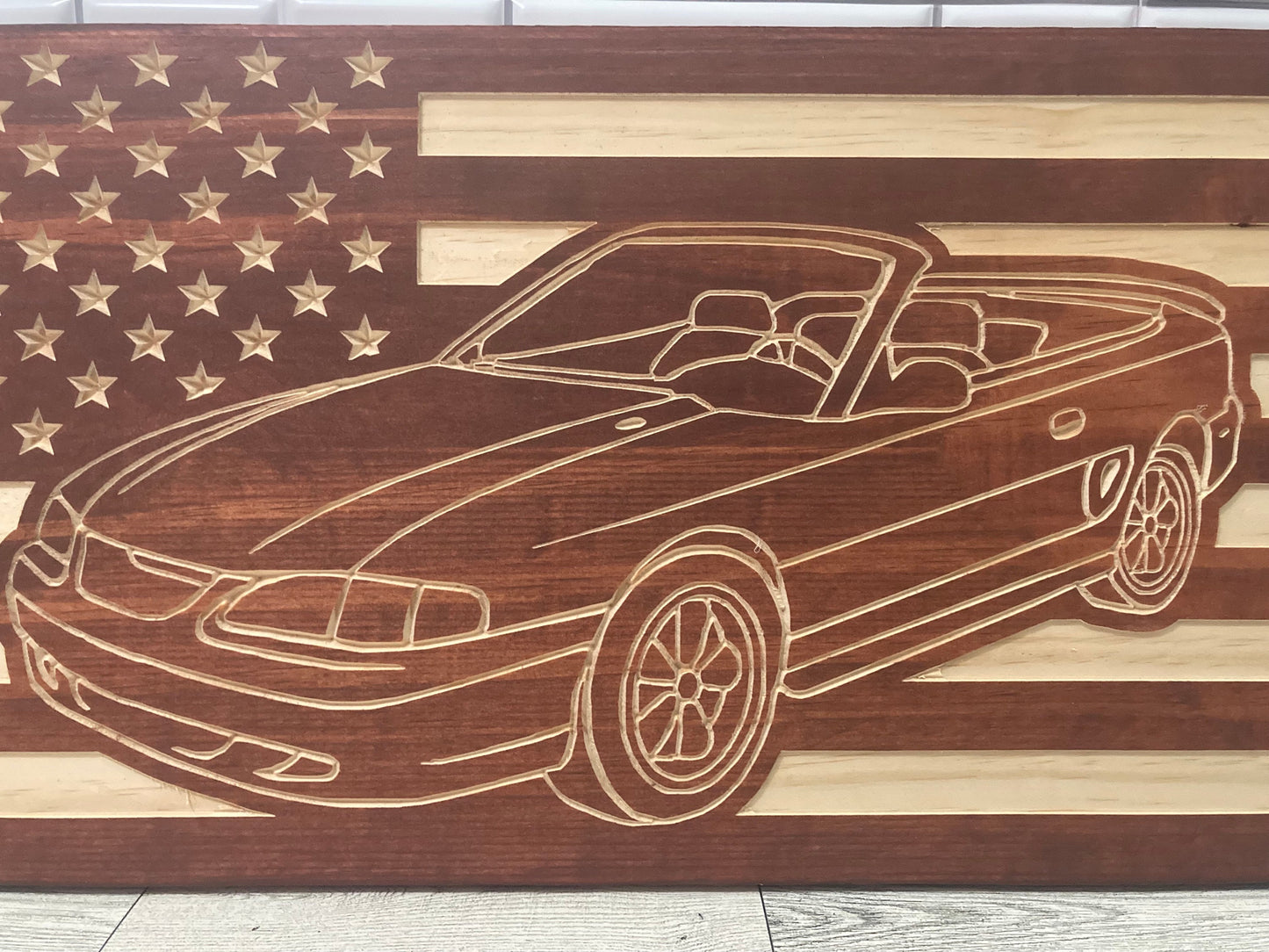 1994-1998 Ford Mustang CONVERTIBLE American Flag Garage Decor Sign | 94 95 96 97 98 SN95 Mustang Carved Out of Wood