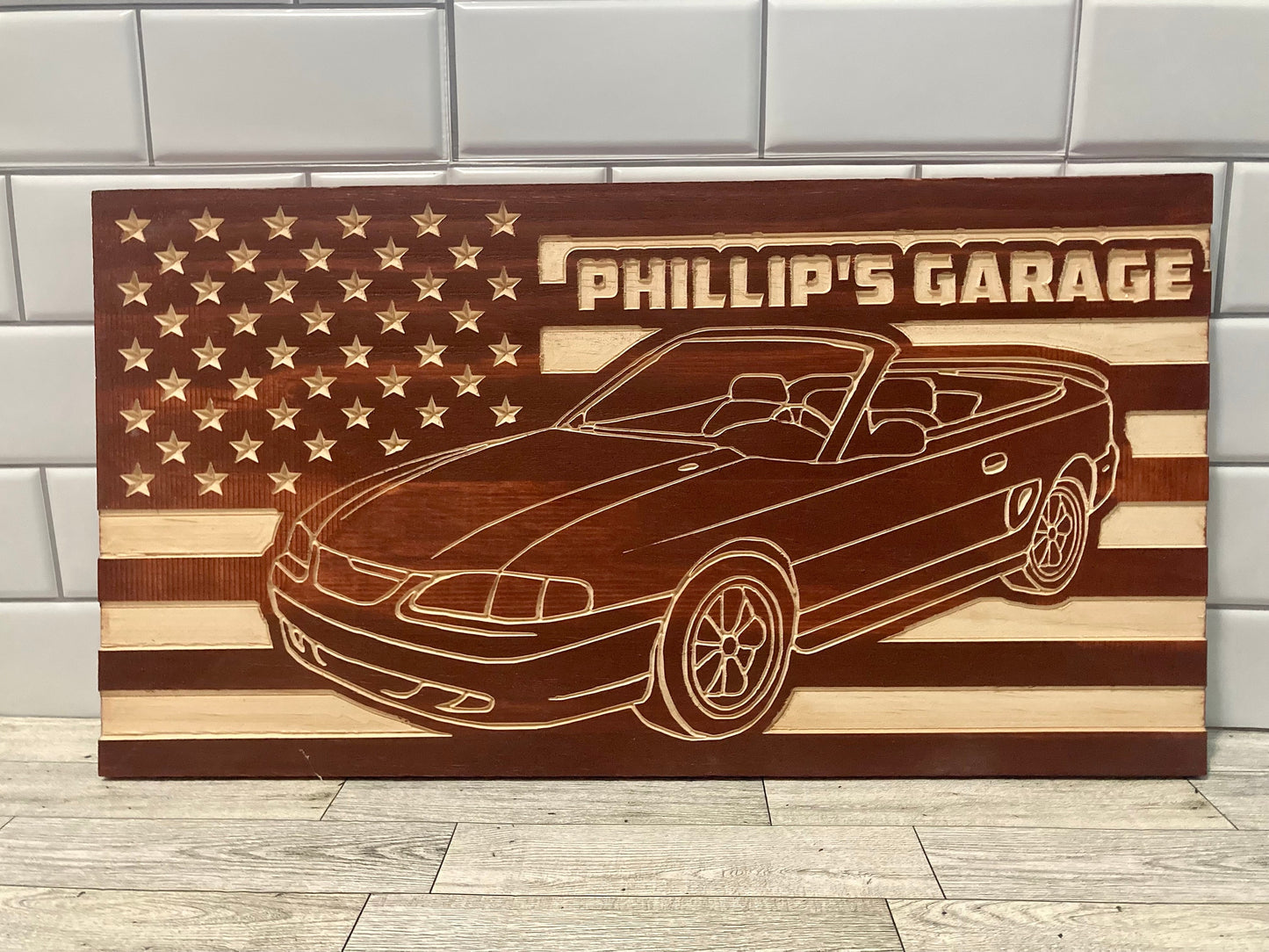 1994-1998 Ford Mustang CONVERTIBLE American Flag Garage Decor Sign | 94 95 96 97 98 SN95 Mustang Carved Out of Wood