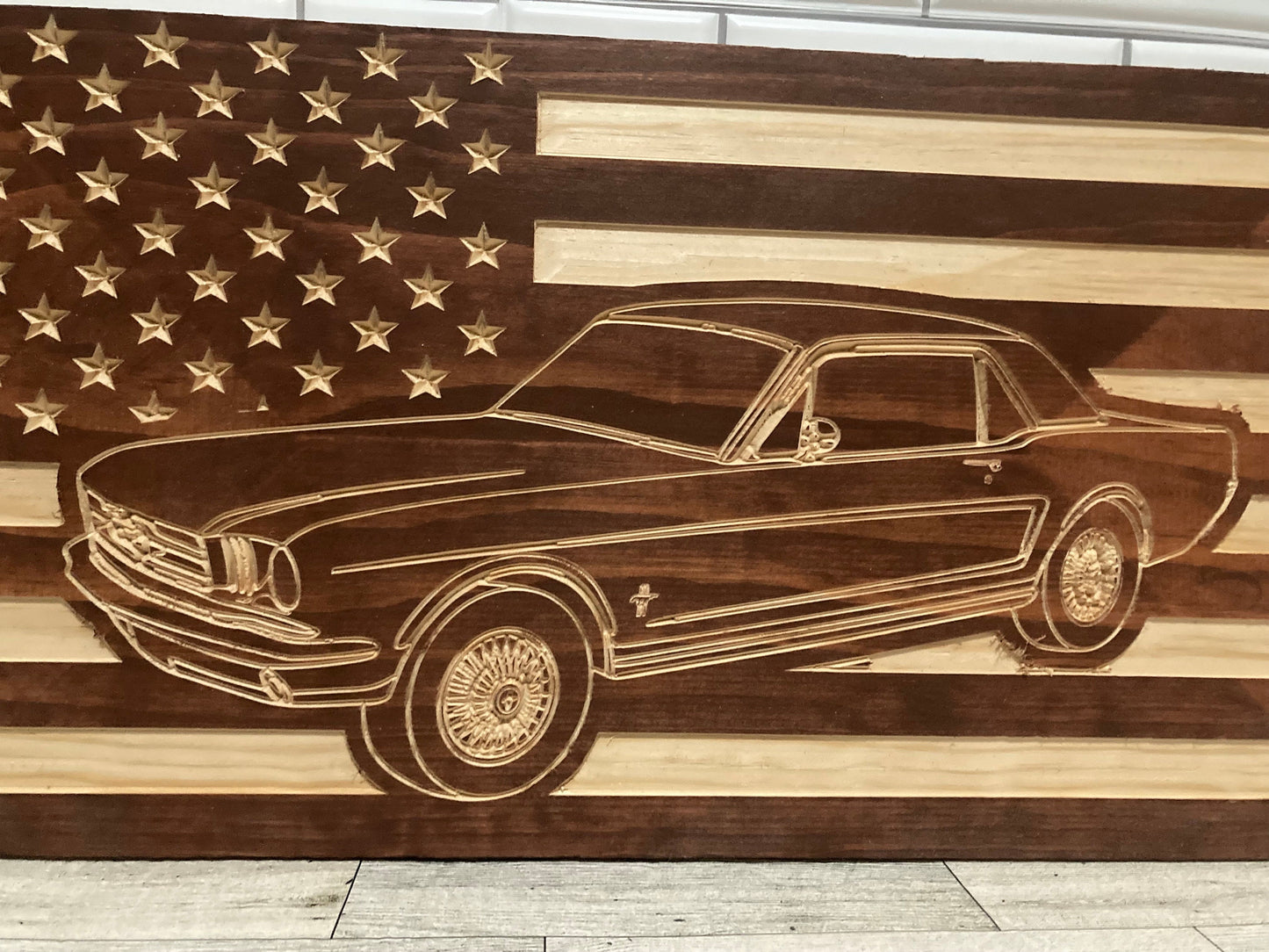 1964-1966 Ford Mustang Flag | 64 65 66 Mustang Wood Carving | Perfect Christmas Gift