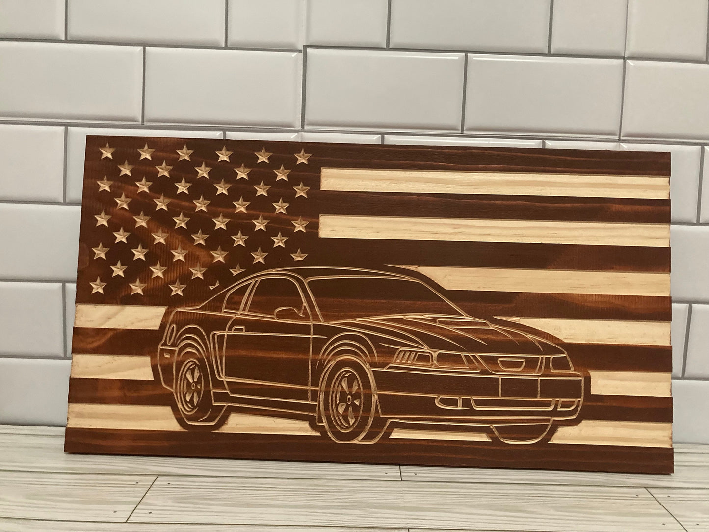 1999-2004 Ford Mustang American Flag Garage Decor Sign | 99 00 01 02 03 04 New Edge Mustang Carved Out of Wood