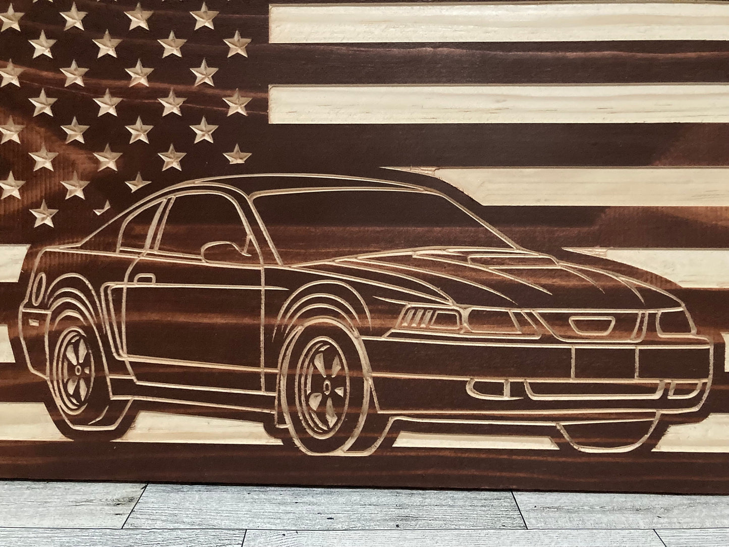 1999-2004 Ford Mustang American Flag Garage Decor Sign | 99 00 01 02 03 04 New Edge Mustang Carved Out of Wood