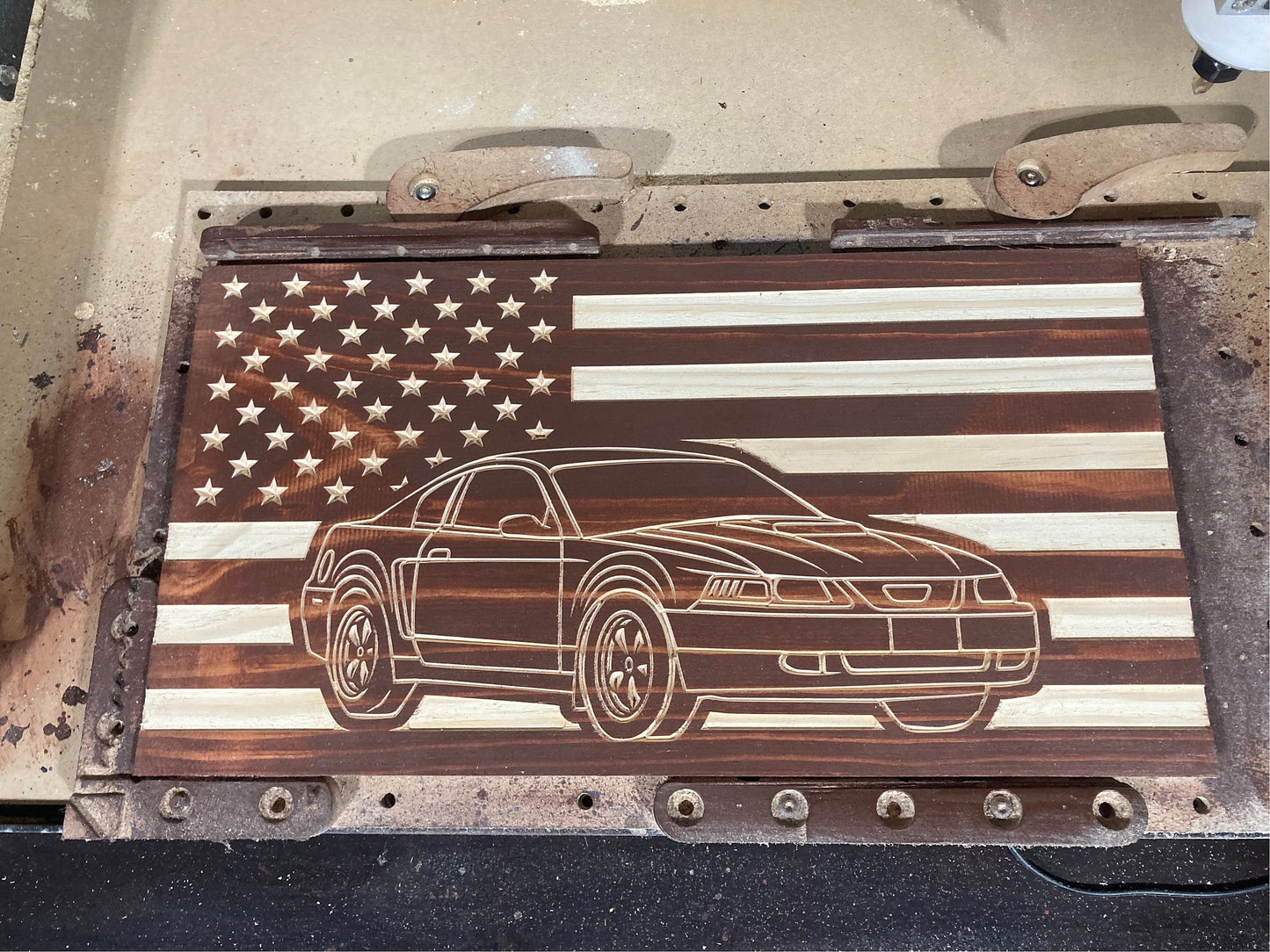 1999-2004 Ford Mustang American Flag Garage Decor Sign | 99 00 01 02 03 04 New Edge Mustang Carved Out of Wood