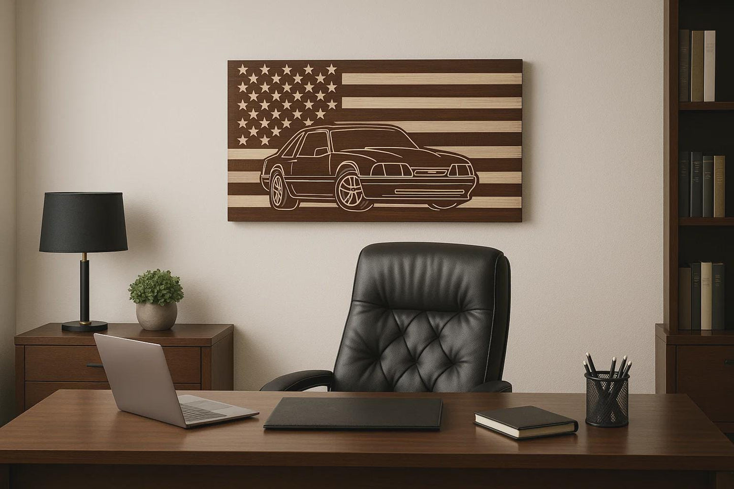 1987-1993 Ford Mustang COUPE Fox Body American Flag Garage Decor Sign | 87 88 89 90 91 92 93 Mustang Carved Out of Wood