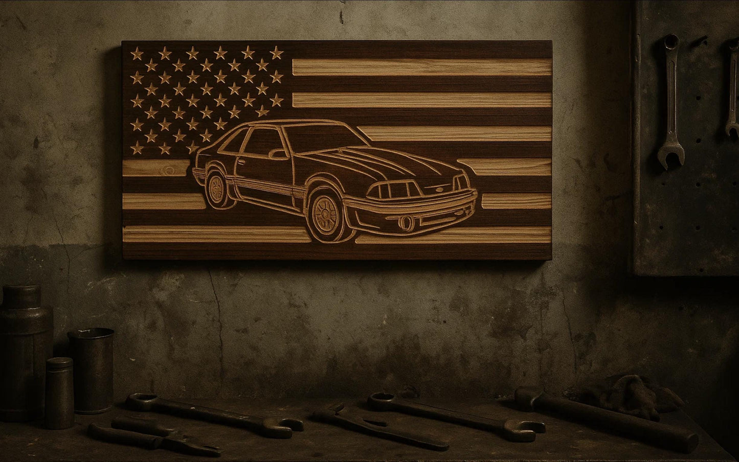 1987-1993 Ford Mustang Fox Body American Flag Hatchback Garage Decor Sign | 87 88 89 90 91 92 93 Mustang Carved Out of Wood