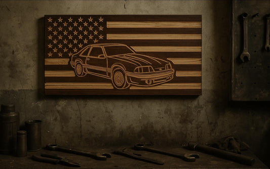 1987-1993 Ford Mustang Fox Body American Flag Hatchback Garage Decor Sign | 87 88 89 90 91 92 93 Mustang Carved Out of Wood