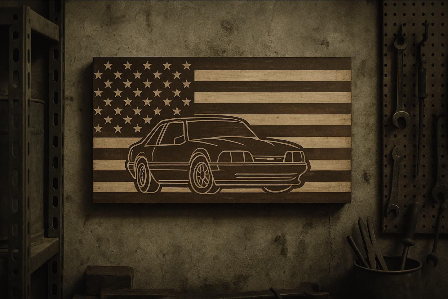 1987-1993 Ford Mustang COUPE Fox Body American Flag Garage Decor Sign | 87 88 89 90 91 92 93 Mustang Carved Out of Wood