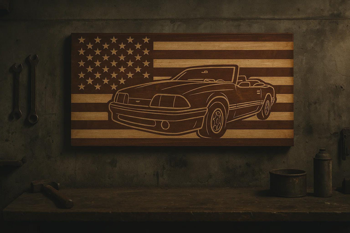 1987-1993 Ford Mustang CONVERTIBLE Fox Body American Flag Garage Decor Sign | 87 88 89 90 91 92 93 Mustang Carved Out of Wood