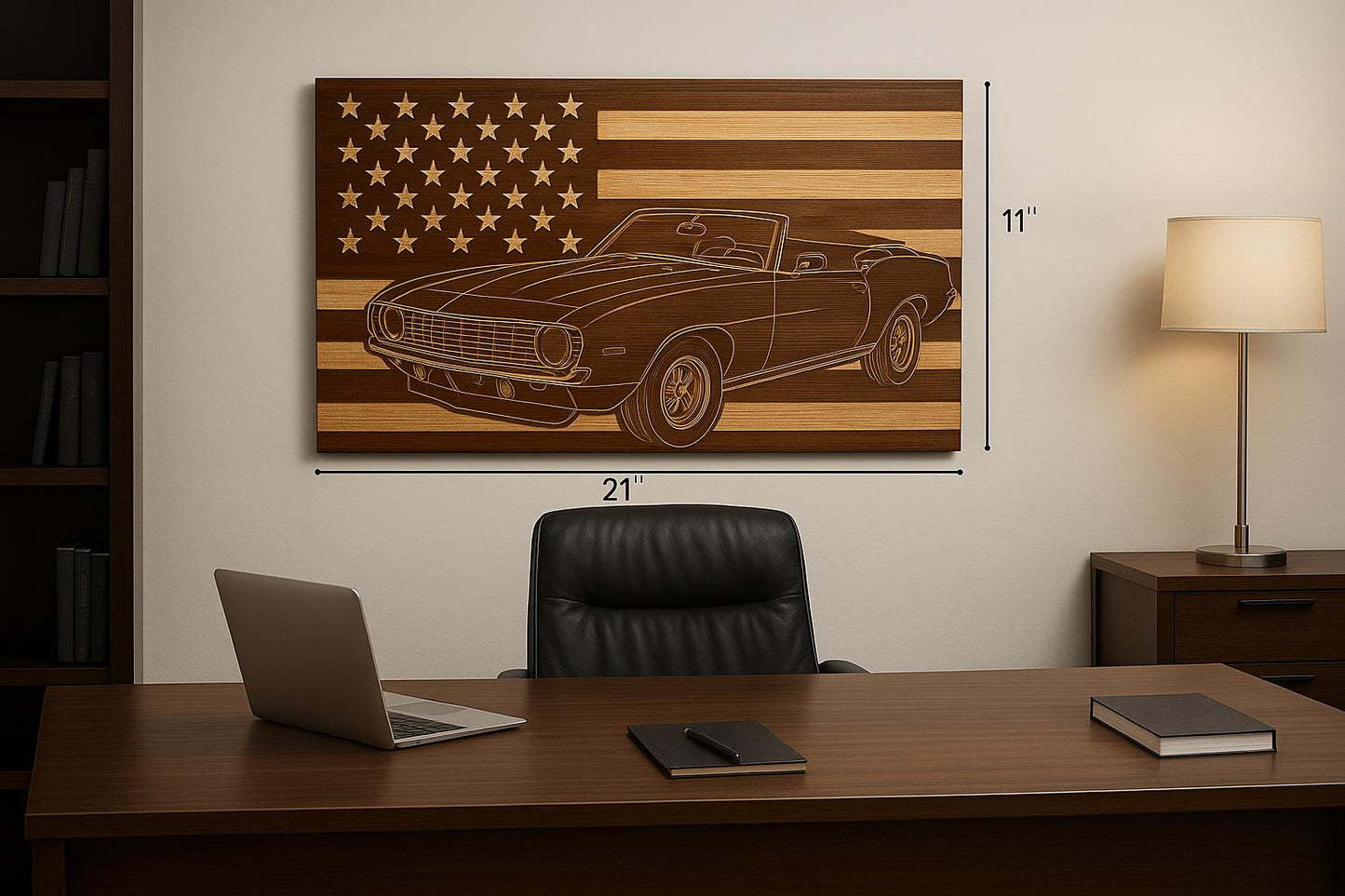 1969 Chevy Camaro Convertible Wall Art – American Flag Carved Wood Sign for Garage or Office (21"x11")