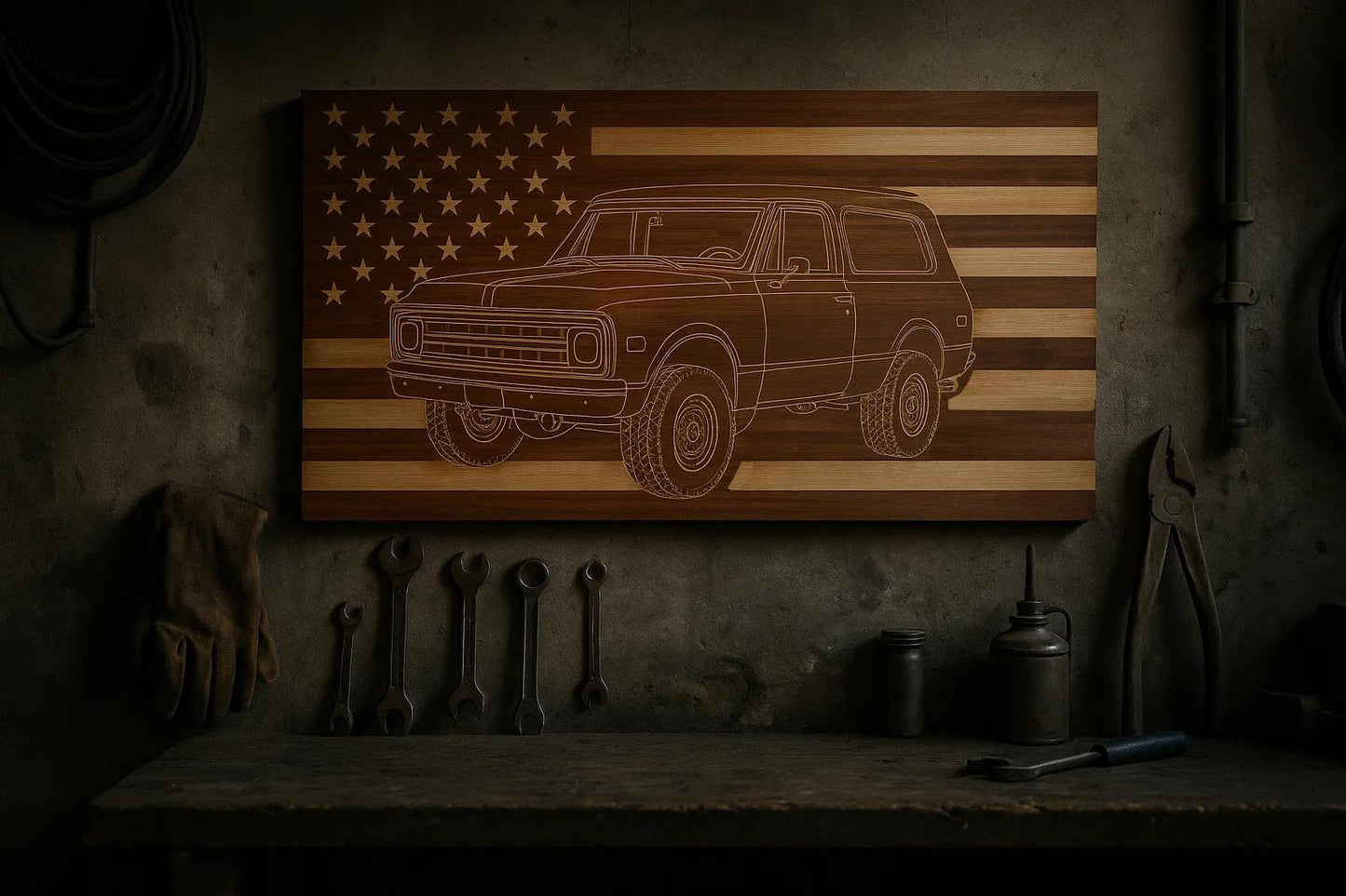 1969-1972 Chevy K5 Blazer/GMC Jimmy American Flag Garage Decor Sign | 69 70 71 72 Off-Road Sport Truck Carved Out of Wood