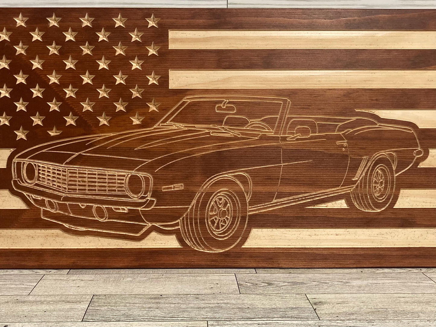 1969 Chevy Camaro Convertible Wall Art – American Flag Carved Wood Sign for Garage or Office (21"x11")