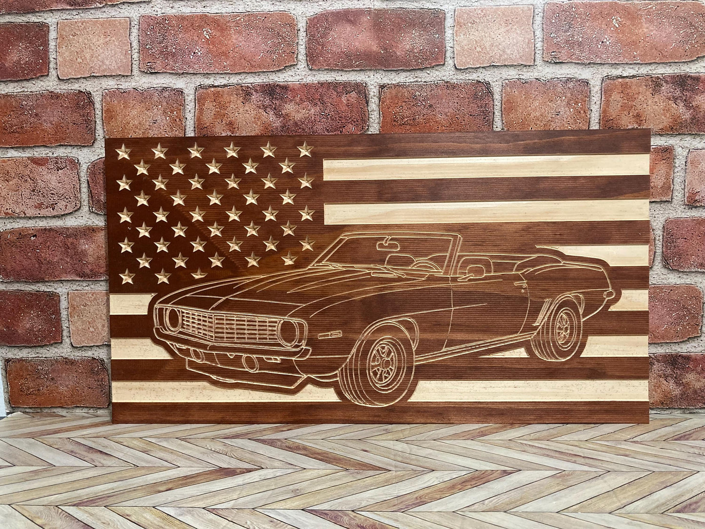 1969 Chevy Camaro Convertible Wall Art – American Flag Carved Wood Sign for Garage or Office (21"x11")