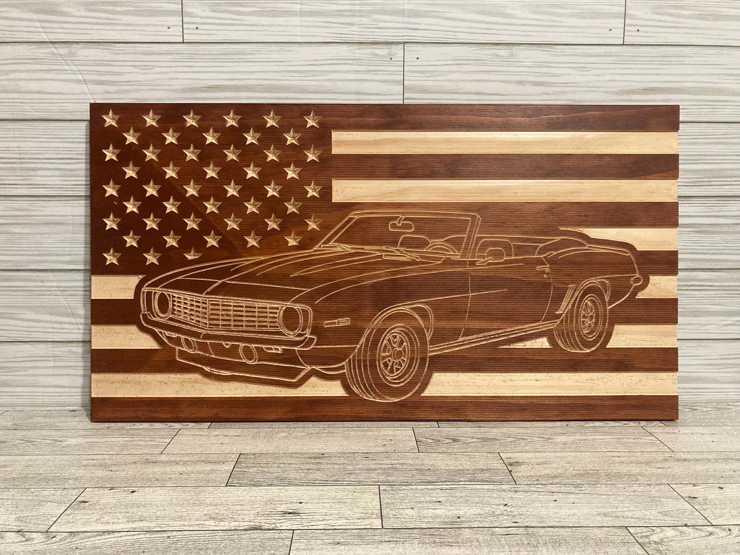 1969 Chevy Camaro Convertible Wall Art – American Flag Carved Wood Sign for Garage or Office (21"x11")