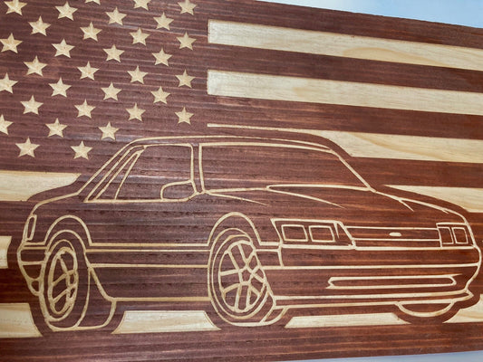 1987-1993 Ford Mustang COUPE Fox Body American Flag  Garage Decor Sign | 87 88 89 90 91 92 93 Mustang Carved Out of Wood