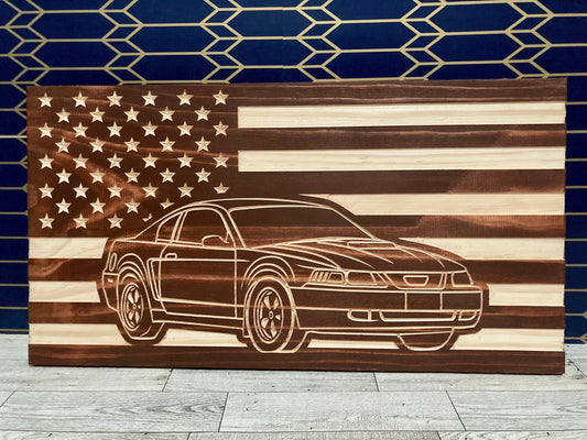 1999-2004 Ford Mustang American Flag Garage Decor Sign | 99 00 01 02 03 04 New Edge Mustang Carved Out of Wood