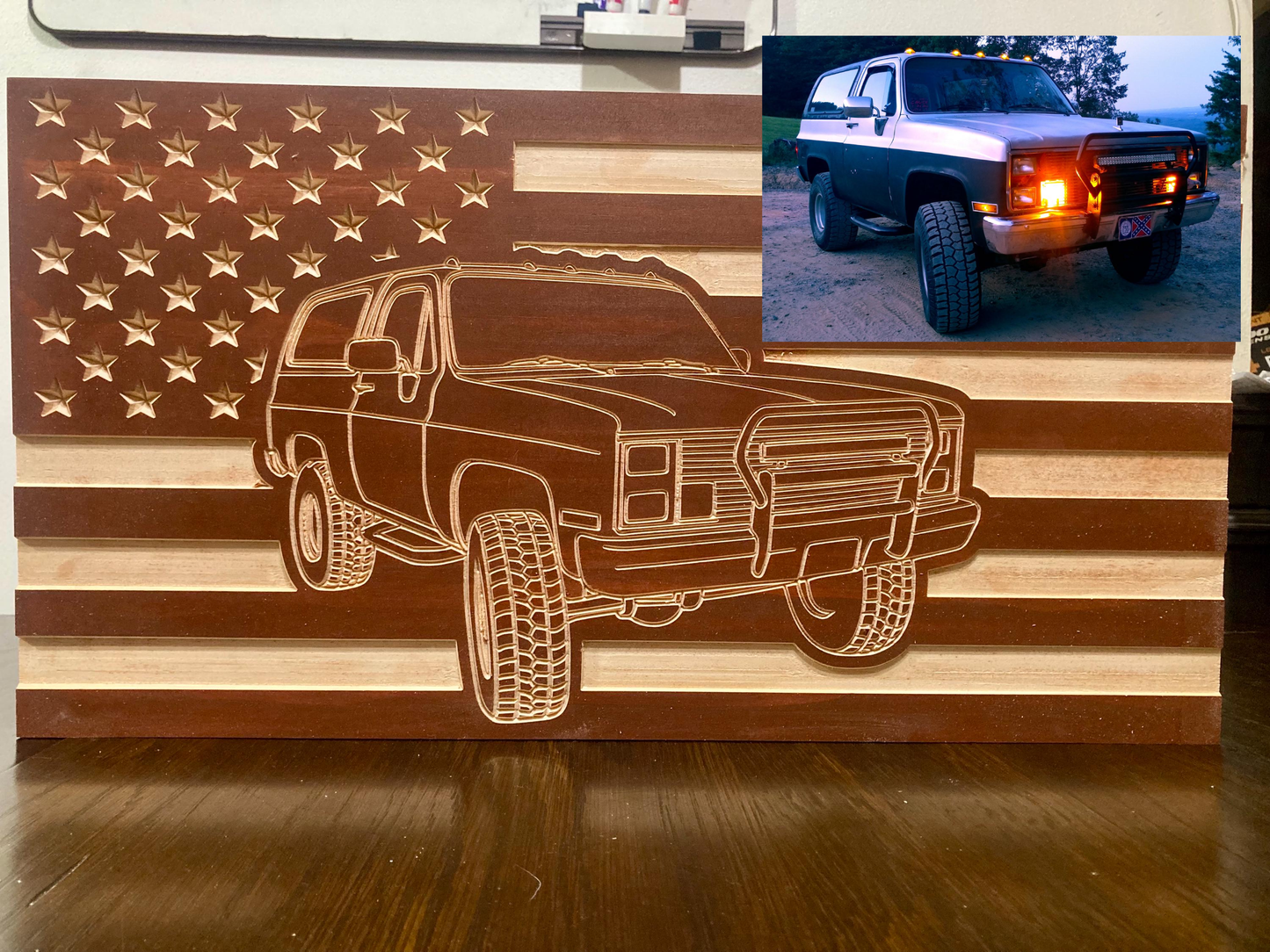 CUSTOM Wood Carving, ANY CAR; American Flag, Car Show Sign or Garage Decor