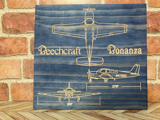 CUSTOM Beechcraft Bonanza Model 33 Blueprint Sign / Wall Art/ Hanger Decor / Pilot License Graduation Gift for Your Flying Friends