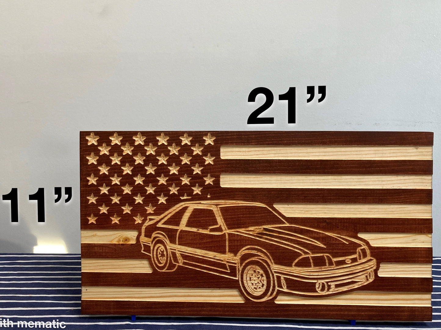 1987-1993 Ford Mustang Fox Body American Flag Hatchback Garage Decor Sign | 87 88 89 90 91 92 93 Mustang Carved Out of Wood
