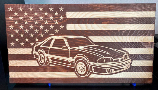 1987-1993 Ford Mustang Fox Body American Flag Hatchback Garage Decor Sign | 87 88 89 90 91 92 93 Mustang Carved Out of Wood