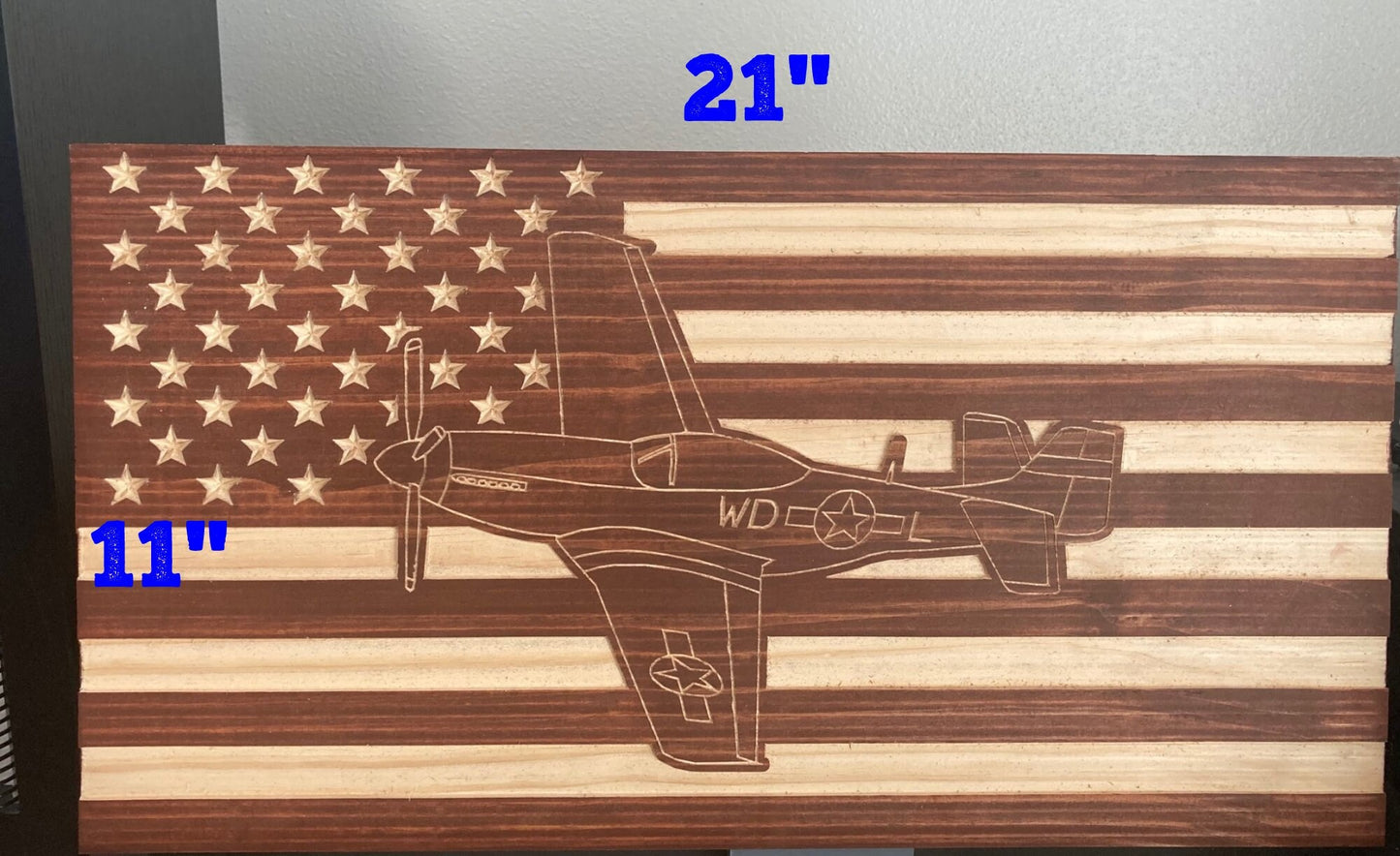P51 Mustang Over American Flag Wood Carving | Warbird Garage and Hanger Décor | Perfect for Pilot or History Enthusiast