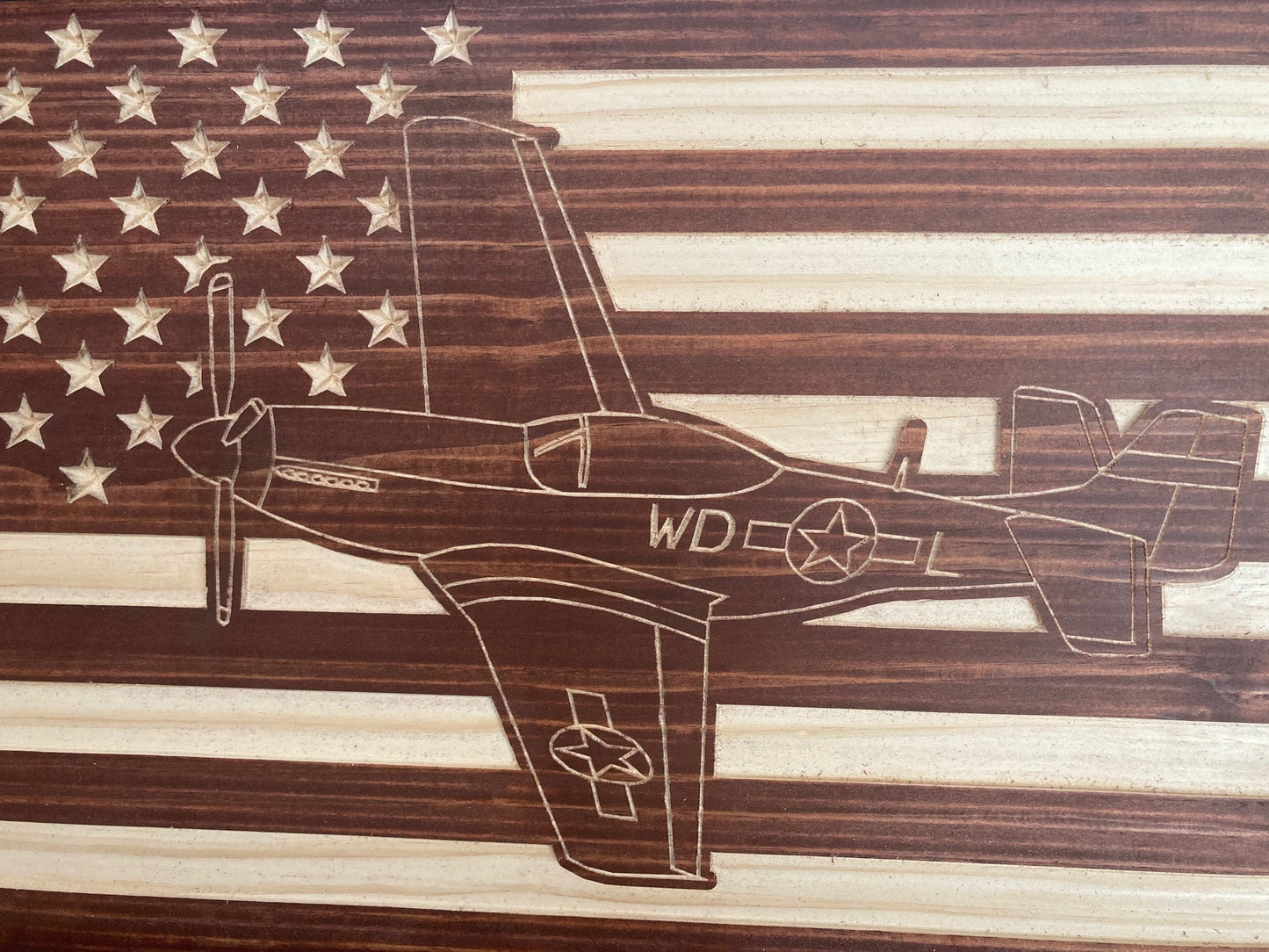 P51 Mustang Over American Flag Wood Carving | Warbird Garage and Hanger Décor | Perfect for Pilot or History Enthusiast