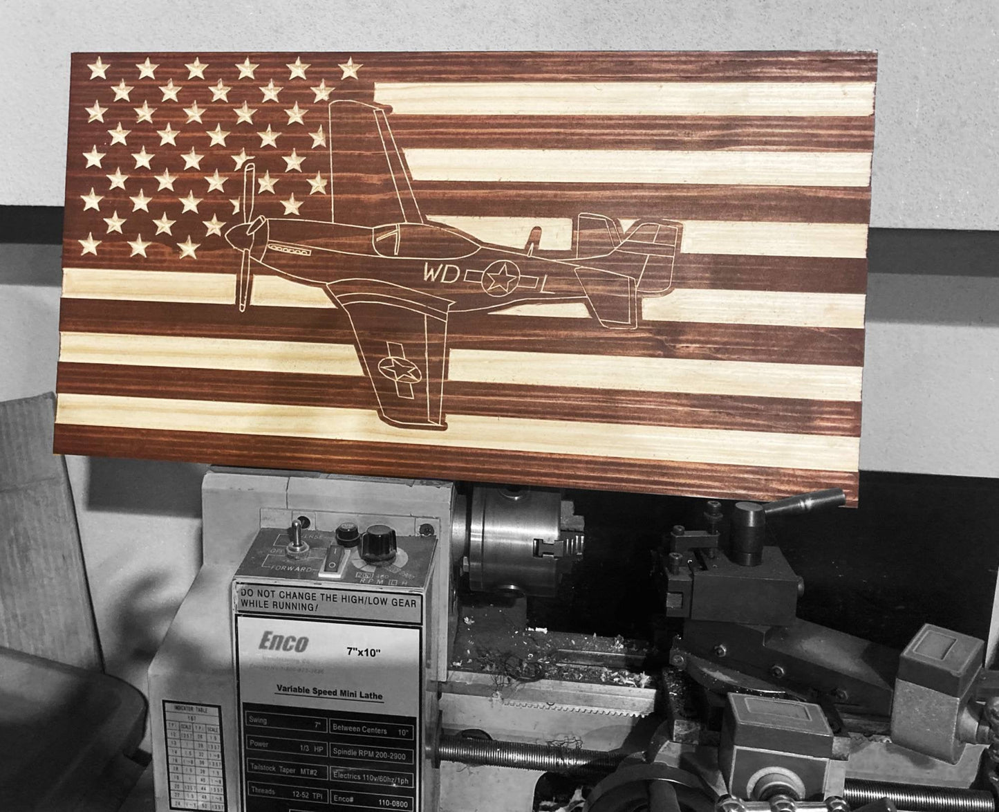 P51 Mustang Over American Flag Wood Carving | Warbird Garage and Hanger Décor | Perfect for Pilot or History Enthusiast