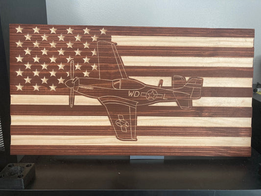 P51 Mustang Over American Flag Wood Carving | Warbird Garage and Hanger Décor | Perfect for Pilot or History Enthusiast