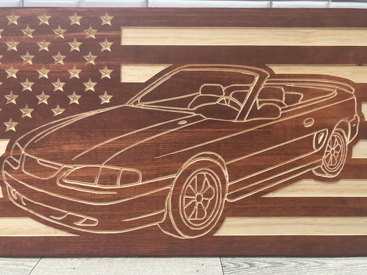1994-1998 Ford Mustang CONVERTIBLE American Flag Garage Decor Sign | 94 95 96 97 98 SN95 Mustang Carved Out of Wood