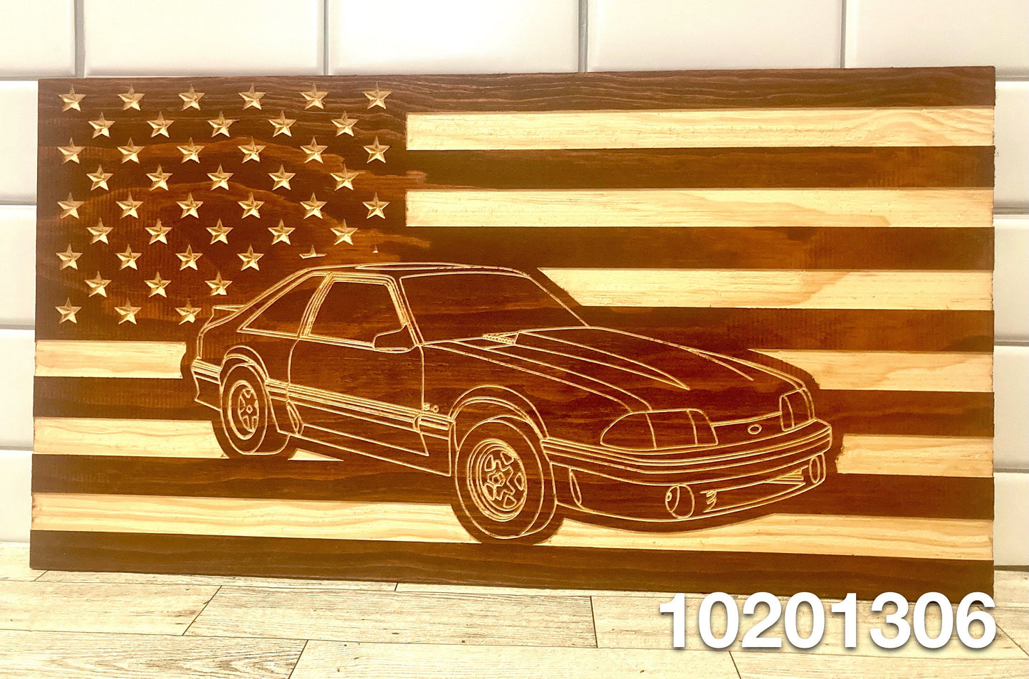 1987-1993 Ford Mustang Fox Body American Flag Hatchback Garage Decor Sign | 87 88 89 90 91 92 93 Mustang Carved Out of Wood