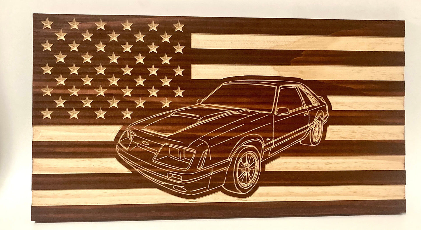 1979-1986 Ford Mustang Fox Body American Flag | Hatchback Garage Decor Sign | 79 80 91 82 83 84 85 86 Mustang Like Mercury Capri