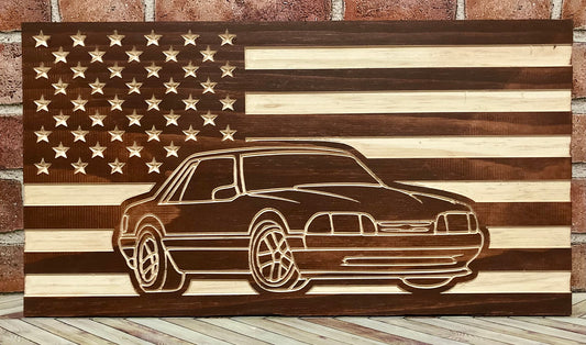 1987-1993 Ford Mustang COUPE Fox Body American Flag  Garage Decor Sign | 87 88 89 90 91 92 93 Mustang Carved Out of Wood