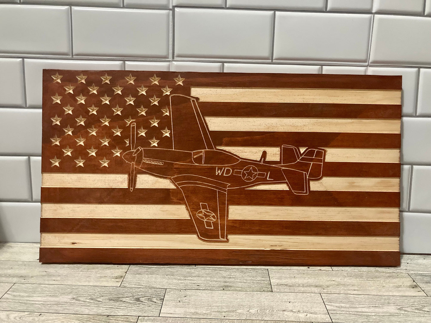 P51 Mustang Over American Flag Wood Carving | Warbird Garage and Hanger Décor | Perfect for Pilot or History Enthusiast
