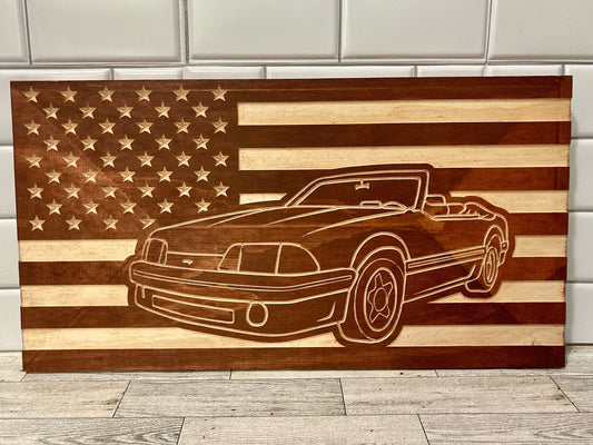 1987-1993 Ford Mustang CONVERTIBLE Fox Body American Flag  Garage Decor Sign | 87 88 89 90 91 92 93 Mustang Carved Out of Wood