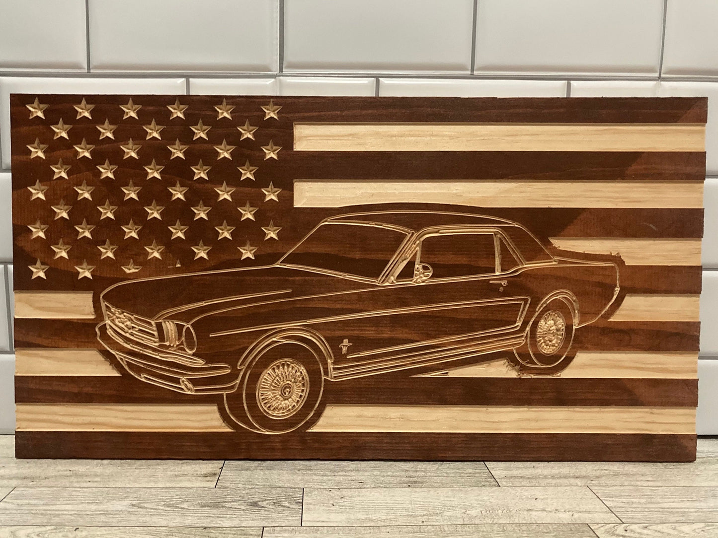 1964-1966 Ford Mustang Flag | 64 65 66 Mustang Wood Carving | Perfect Christmas Gift