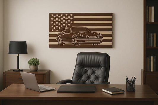 1987-1993 Ford Mustang COUPE Fox Body American Flag  Garage Decor Sign | 87 88 89 90 91 92 93 Mustang Carved Out of Wood