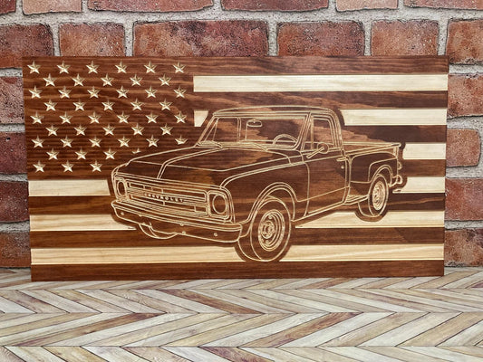 1967-1972 STEPSIDE Chevy/GMC C10 K10 C15 K15 American Flag  Garage Decor Sign | 67 68 69 70 71 72 Pickup Truck Carved Out of Wood