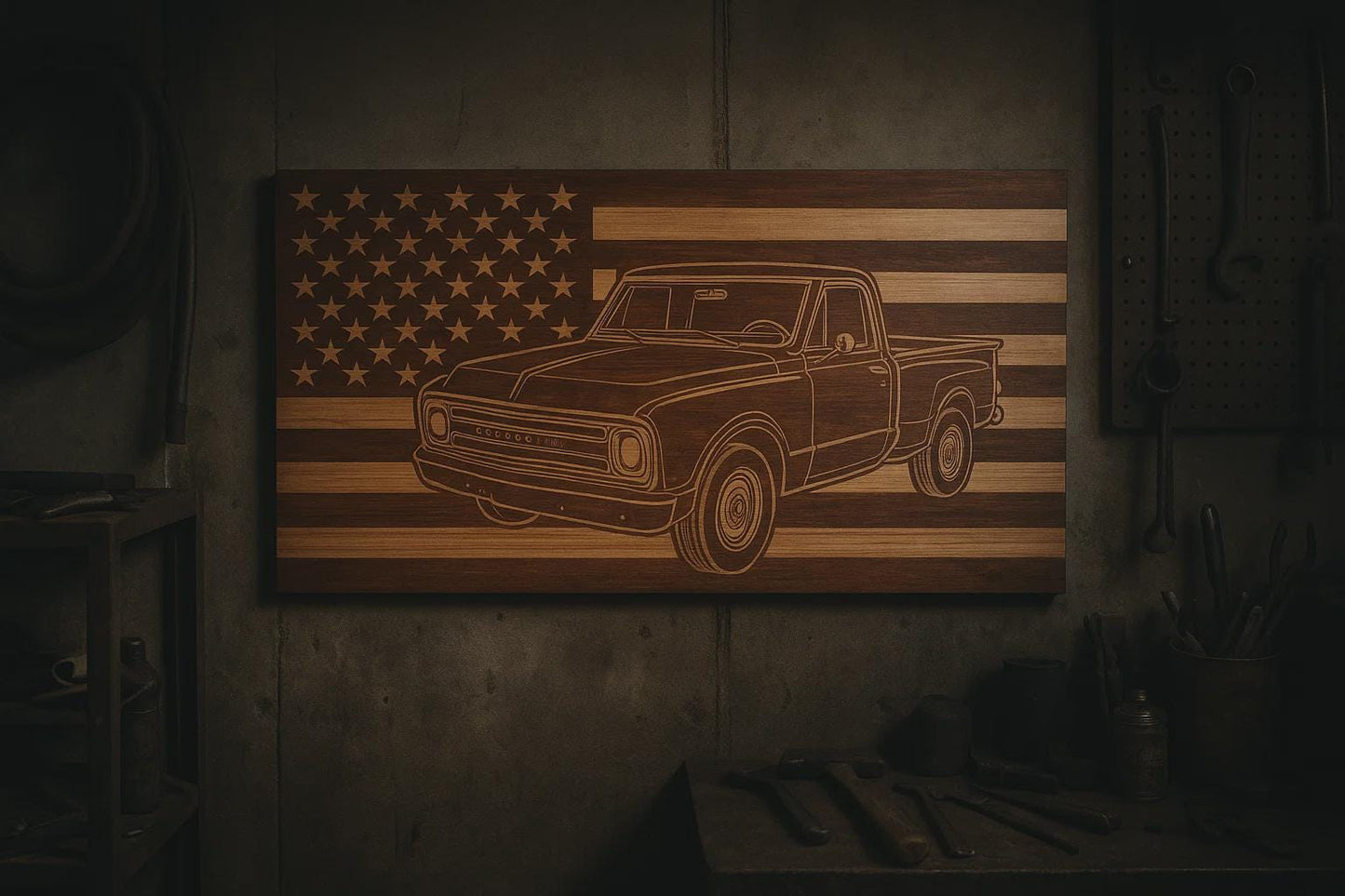 1967-1972 STEPSIDE Chevy/GMC C10 K10 C15 K15 American Flag  Garage Decor Sign | 67 68 69 70 71 72 Pickup Truck Carved Out of Wood