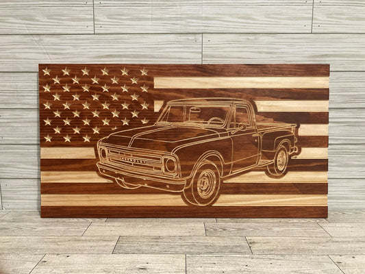 1967-1972 STEPSIDE Chevy/GMC C10 K10 C15 K15 American Flag  Garage Decor Sign | 67 68 69 70 71 72 Pickup Truck Carved Out of Wood